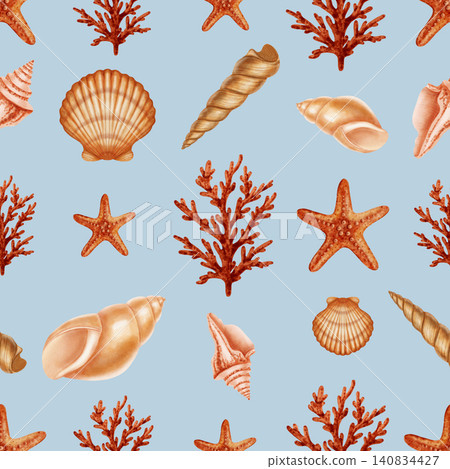 Minimalist marine seamless pattern featuring various watercolor seashells, orange corals, and starfish. Children's, nautical, travel themes. Suitable for design, prints, postcards, sea travel Minimalist marine seamless pattern featuring various watercolor seashells, orange corals, and starfish. Children's, nautical, travel themes. Suitable for design, prints, postcards, sea travel 140834427