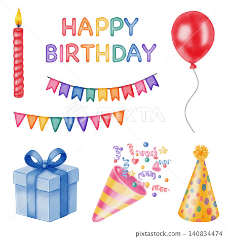Watercolor birthday party elements set. Hand drawn celebration clipart with colorful balloons, cake, gift box, party hats, confetti poppers, festive garlands and Happy Birthday lettering isolated. Watercolor birthday party elements set. Hand drawn celebration clipart with colorful balloons, cake, gift box, party hats, confetti poppers, festive garlands and Happy Birthday lettering isolated. 140834474