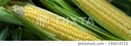 Fresh sweet corn cobs on rustic wood. Whole corn with yellow kernels. Organic farm produce for healthy meals. banner Fresh sweet corn cobs on rustic wood. Whole corn with yellow kernels. Organic farm produce for healthy meals. banner 140834728
