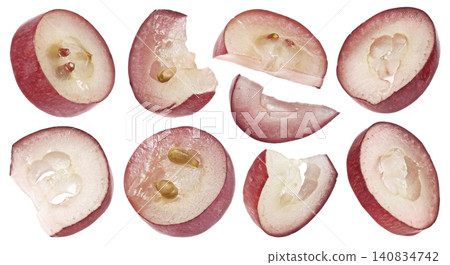 Red grape slices isolated on white background with clipping path copy space fresh fruit cut sections for food advertising and packaging Red grape slices isolated on white background with clipping path copy space fresh fruit cut sections for food advertising and packaging 140834742