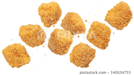 Golden fried chicken nuggets isolated on white background, crunchy breaded fast food pieces, snack and takeaway concept, full depth of field Golden fried chicken nuggets isolated on white background, crunchy breaded fast food pieces, snack and takeaway concept, full depth of field 140834755