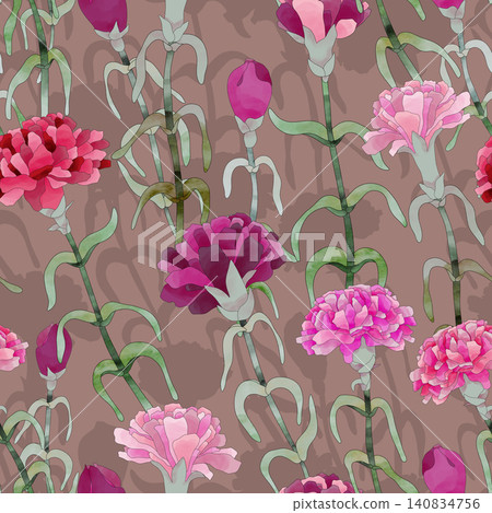 Floral vintage seamless pattern with carnations. Seamless background with flowers for wallpaper, textile, fabric, poster, packaging. botanical illustration. Floral vintage seamless pattern with carnations. Seamless background with flowers for wallpaper, textile, fabric, poster, packaging. botanical illustration. 140834756