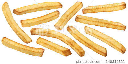French fries potato sticks isolated on white background with golden crispy texture, full depth of field French fries potato sticks isolated on white background with golden crispy texture, full depth of field 140834811