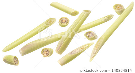Fresh lemongrass stalks and cut pieces isolated on white background, aromatic herb with citrus flavor for cooking, falling Asian cuisine ingredient Fresh lemongrass stalks and cut pieces isolated on white background, aromatic herb with citrus flavor for cooking, falling Asian cuisine ingredient 140834814