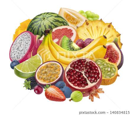Fruits mix isolated on white background with clipping path, full depth of field Fruits mix isolated on white background with clipping path, full depth of field 140834815