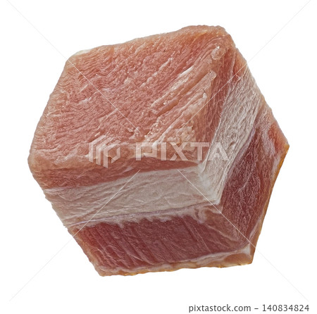 Italian pancetta, falling bacon cube, diced smoked ham isolated on white background with clipping path Italian pancetta, falling bacon cube, diced smoked ham isolated on white background with clipping path 140834824