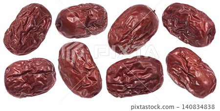 Red jujube dates isolated on white background, falling dried fruit collection, full depth of field Red jujube dates isolated on white background, falling dried fruit collection, full depth of field 140834838
