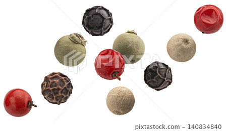 Colorful mix of peppercorns isolated on white background with clipping path Colorful mix of peppercorns isolated on white background with clipping path 140834840