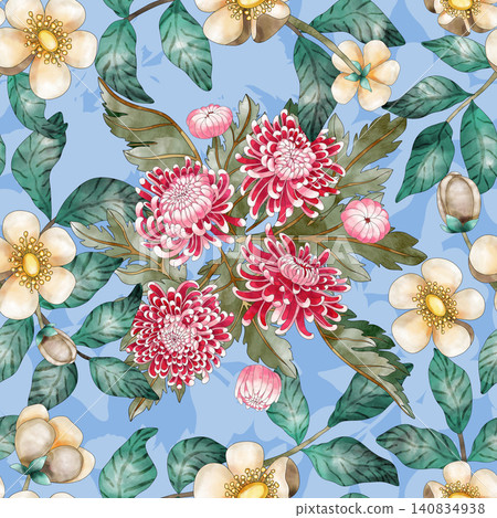 Floral vintage seamless pattern with vintage chrysanthemum seamless background for floral wallpaper, textile, fabric, poster, package. batanic illustration. Floral vintage seamless pattern with vintage chrysanthemum seamless background for floral wallpaper, textile, fabric, poster, package. batanic illustration. 140834938