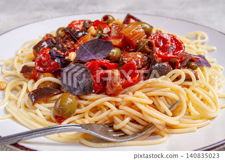 spaghetti with Sicilian caponata, vegetable stew, Italian cuisine, homemade, no people, spaghetti with Sicilian caponata, vegetable stew, Italian cuisine, homemade, no people, 140835023