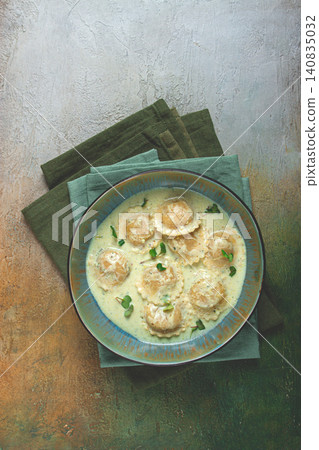 ravioli in cream sauce, spices and herbs, top view, no people, ravioli in cream sauce, spices and herbs, top view, no people, 140835032