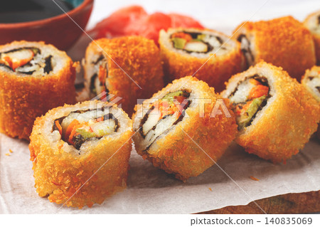 California tempura roll, deep-fried, hot rolls, surimi crab roll and avocado, cream cheese, California tempura roll, deep-fried, hot rolls, surimi crab roll and avocado, cream cheese, 140835069