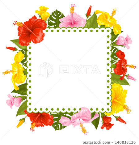 Lace Square Frame With Red, Yellow And Pink Hibiscus Flowers Decoration 140835126