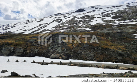 Scenic route in Norway with fjords, snow, ice and lakes with beautiful landscapes Scenic route in Norway with fjords, snow, ice and lakes with beautiful landscapes 140835138