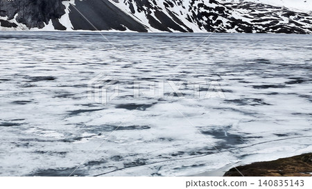 Scenic route in Norway with fjords, snow, ice and lakes with beautiful landscapes 140835143