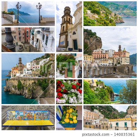 Atrani, Italy along the Amalfi Coast at dusk - collage Atrani, Italy along the Amalfi Coast at dusk - collage 140835361