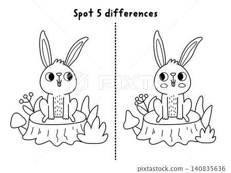 Forest black and white find differences game for children with hare on tree stump. Woodland line activity with cute animal. Puzzle for kids, printable worksheet, coloring page Forest black and white find differences game for children with hare on tree stump. Woodland line activity with cute animal. Puzzle for kids, printable worksheet, coloring page 140835636