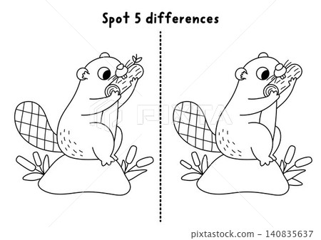 Forest black and white find differences game for children with beaver nibbling log. Woodland line activity with cute animal. Puzzle for kids, printable worksheet, coloring page Forest black and white find differences game for children with beaver nibbling log. Woodland line activity with cute animal. Puzzle for kids, printable worksheet, coloring page 140835637