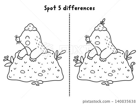Forest black and white find differences game for children with mole. Woodland educational line activity with cute animal. Puzzle for kids with funny character. Printable worksheet, coloring page Forest black and white find differences game for children with mole. Woodland educational line activity with cute animal. Puzzle for kids with funny character. Printable worksheet, coloring page 140835638