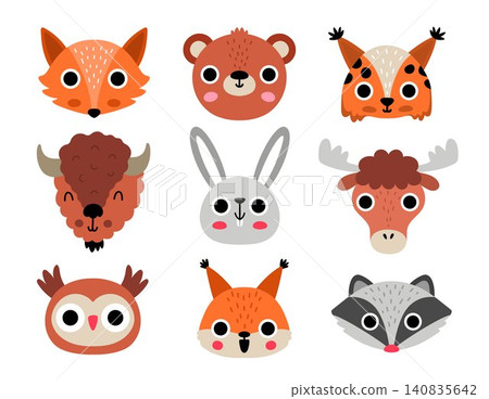Vector cartoon forest animals faces set. Funny bear, fox, lynx, elk, raccoon head clipart. Cute rabbit, owl, squirrel muzzle icon for kids. Woodland elements collection. Wildlife illustration 140835642
