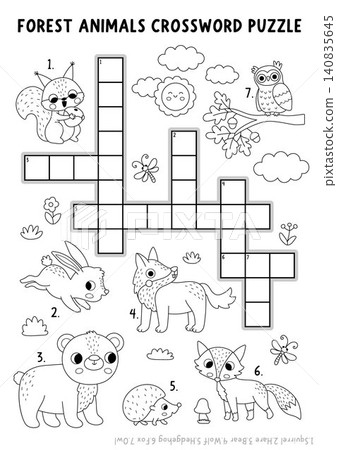 Vector forest animals black and white crossword puzzle for kids. Woodland line quiz with squirrel, owl, hare. Cute wildlife nature cross word activity, coloring page with fox, wolf, bear, hedgehog Vector forest animals black and white crossword puzzle for kids. Woodland line quiz with squirrel, owl, hare. Cute wildlife nature cross word activity, coloring page with fox, wolf, bear, hedgehog 140835645