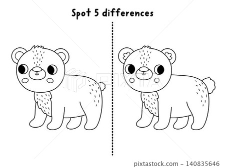 Forest black and white find differences game with bear. Woodland educational line activity with cute animal. Puzzle for kids with funny character. Printable worksheet, coloring page for children 140835646