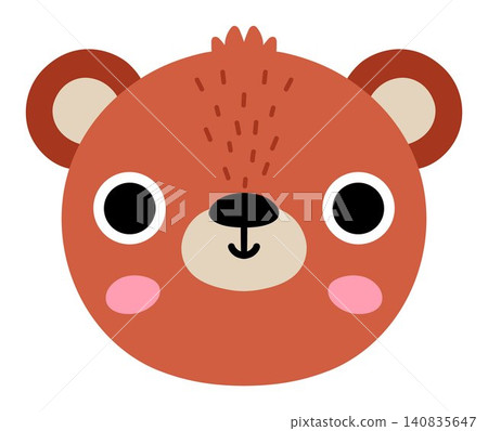 Vector cartoon bear face isolated on white background. Funny head clipart. Cute forest animal muzzle icon for kids. Woodland element. Wildlife illustration 140835647