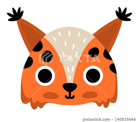 Vector cartoon lynx face isolated on white background. Funny head clipart. Cute forest animal muzzle icon for kids. Woodland element. Wildlife illustration, coloring page 140835648