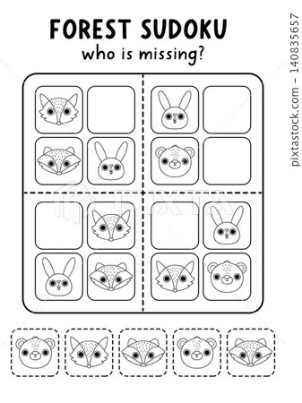 Vector forest animals black and white sudoku puzzle for kids with pictures or stickers. Woodland line quiz. Nature activity with fox, raccoon, hare, bear heads. Draw missing object coloring page Vector forest animals black and white sudoku puzzle for kids with pictures or stickers. Woodland line quiz. Nature activity with fox, raccoon, hare, bear heads. Draw missing object coloring page 140835657