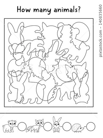 Forest tracing, counting, shape, line recognition black and white activity. Woodland animals line counting math puzzle with contours. Find and count silhouette worksheet with fox, bear, hare Forest tracing, counting, shape, line recognition black and white activity. Woodland animals line counting math puzzle with contours. Find and count silhouette worksheet with fox, bear, hare 140835660