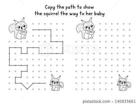 Forest animals black and white drawing, writing, tracing, space orientation activity for kids with squirrel and baby. Draw lines with example. Woodland nature printable game, puzzle, coloring page Forest animals black and white drawing, writing, tracing, space orientation activity for kids with squirrel and baby. Draw lines with example. Woodland nature printable game, puzzle, coloring page 140835661