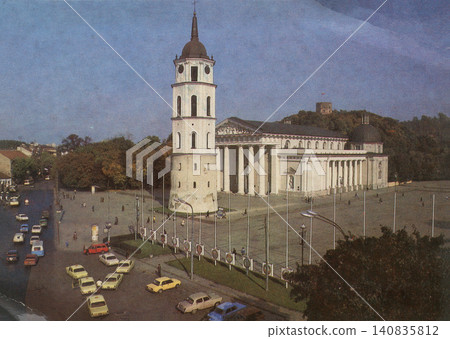 Vilnius, Lithuanian SSR, USSR - circa 1986: Cathedral Square and bell tower Vilnius, Lithuanian SSR, USSR - circa 1986: Cathedral Square and bell tower 140835812