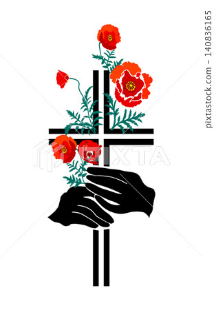religious cross with flowers. Red poppies. Hand drawn. Not AI, vector illustration 140836165