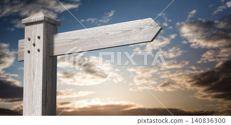 Wooden signpost with one arrow and sky in background - 3D illustration Wooden signpost with one arrow and sky in background - 3D illustration 140836300