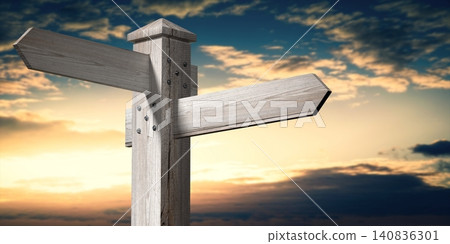 Wooden signpost with two arrows and sky in background - 3D illustration 140836301