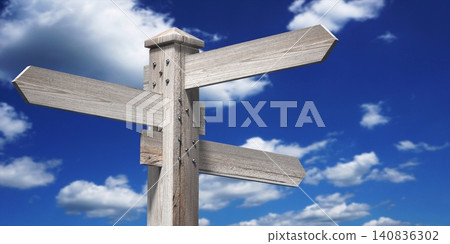 Wooden signpost with three arrows and sky in background - 3D illustration Wooden signpost with three arrows and sky in background - 3D illustration 140836302