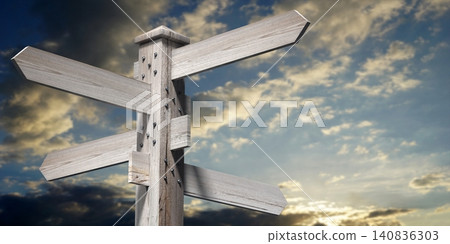 Wooden signpost with four arrows and sky in background - 3D illustration Wooden signpost with four arrows and sky in background - 3D illustration 140836303
