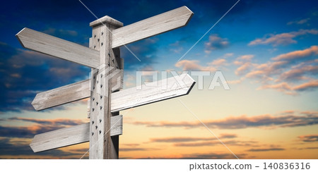 Wooden signpost with five arrows and sky in background - 3D illustration Wooden signpost with five arrows and sky in background - 3D illustration 140836316