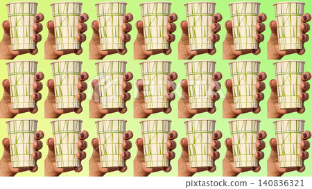 Tea time.Pattern of disposable cups with beverage in hand Tea time.Pattern of disposable cups with beverage in hand 140836321