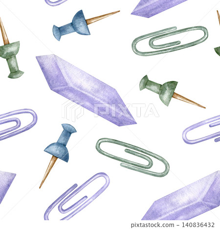 Seamless pattern with watercolor illustration school stationery paperclips, push pins and erasers. Playful background for educational materials, wrapping paper, fabric and scrapbooking. Seamless pattern with watercolor illustration school stationery paperclips, push pins and erasers. Playful background for educational materials, wrapping paper, fabric and scrapbooking. 140836432