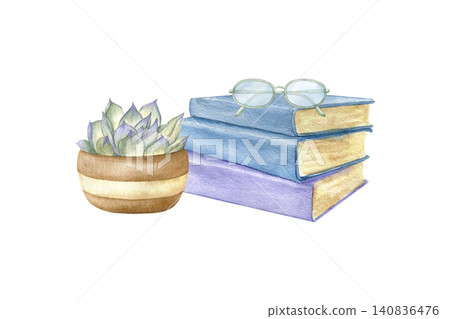 Watercolor illustration of a stack of books, reading glasses and a succulent in a pot. Hand drawn cozy clipart for education, academic aesthetic, book blog, library, learning and intellectual leisure. Watercolor illustration of a stack of books, reading glasses and a succulent in a pot. Hand drawn cozy clipart for education, academic aesthetic, book blog, library, learning and intellectual leisure. 140836476