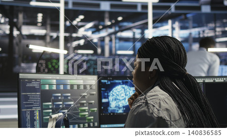 Data infrastructure center system admin does machine learning visual programming, enhancing resource allocation, while operates predictive AI visualization systems for maintenance. 140836585