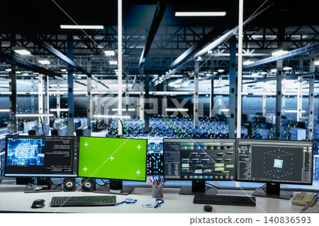 Deep learning software running on chroma key replaceable screen workstations in high tech server room. Deep learning software running on chroma key replaceable screen workstations in high tech server room. 140836593