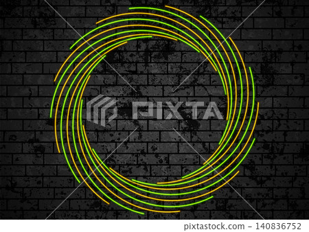 Orange green neon twisted circle lines on brick grunge wall Orange green neon twisted circle lines on brick grunge wall 140836752
