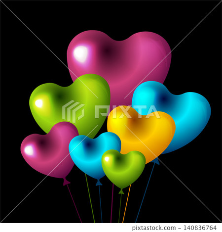 Multicolored heart shaped balloons on black background Multicolored heart shaped balloons on black background 140836764