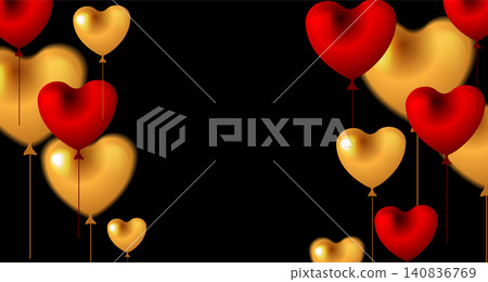 Red and golden heart shaped balloons on black background Red and golden heart shaped balloons on black background 140836769