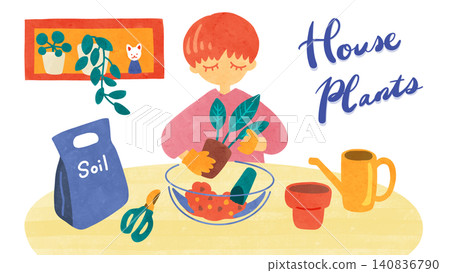 A woman repotting plants indoors - watercolor-style hand-drawn illustration A woman repotting plants indoors - watercolor-style hand-drawn illustration 140836790