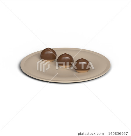 三顆光澤亮麗的栗子和菓子擺放在盤子上,背景是透明的。 三顆光澤亮麗的栗子和菓子擺放在盤子上,背景是透明的。 140836937
