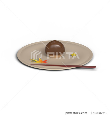 盤子上擺放著栗子味的日式甜點和秋葉,背景是透明的。 盤子上擺放著栗子味的日式甜點和秋葉,背景是透明的。 140836939