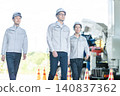 三名身穿工作服的男性工作人員在建築工地上行走的全身鏡頭。 140837362